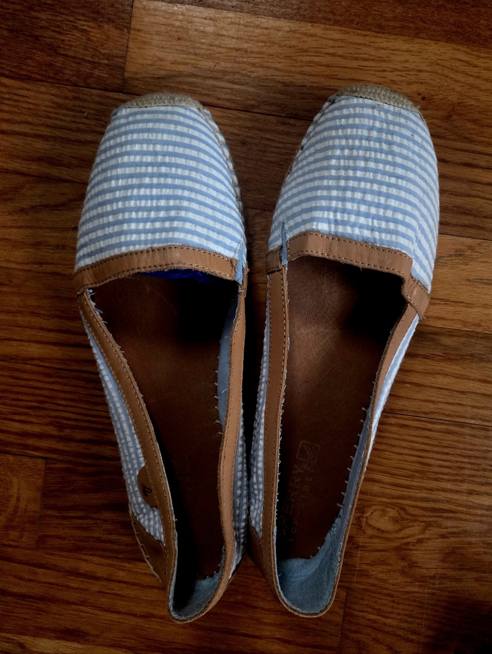 Sperry Light Blue Striped Seersucker Slip-On Flats with Tan Leather Trim W11